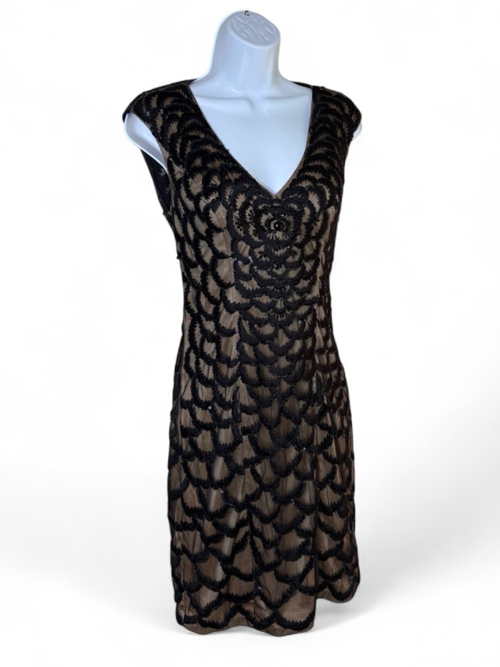 Sue Wong Nocturne Beaded Open Back Cocktail Dress Nude Lining Size 6 Black
